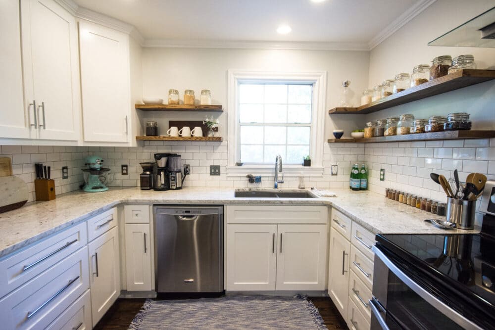 Modern Kitchen with White Marble Countertop and Stainless Steel Dishwasher