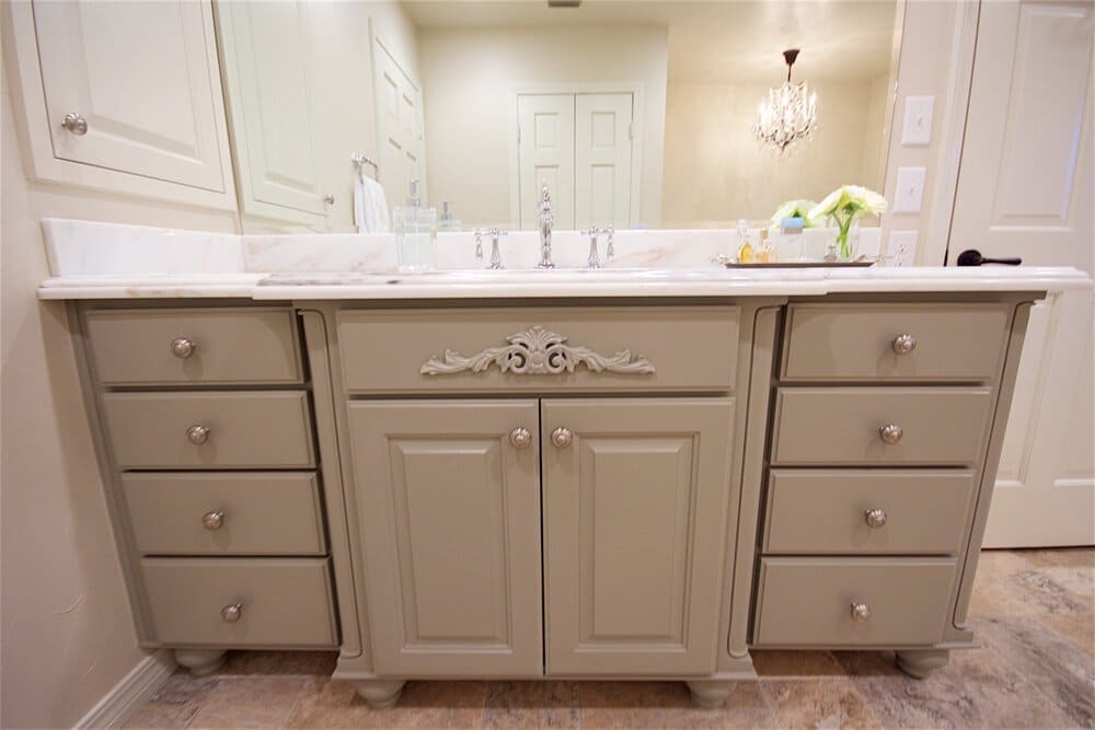 Light Brown Bathroom Storage Under the Sink Below the Large Mirror