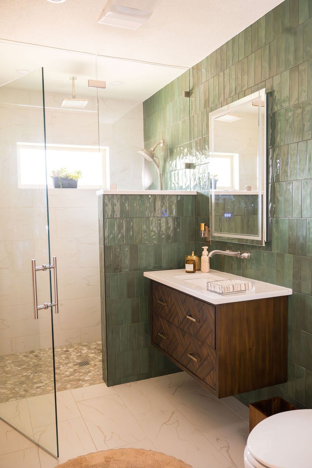 Wichita Falls Bathroom with Green Tile and Floating Vanity
