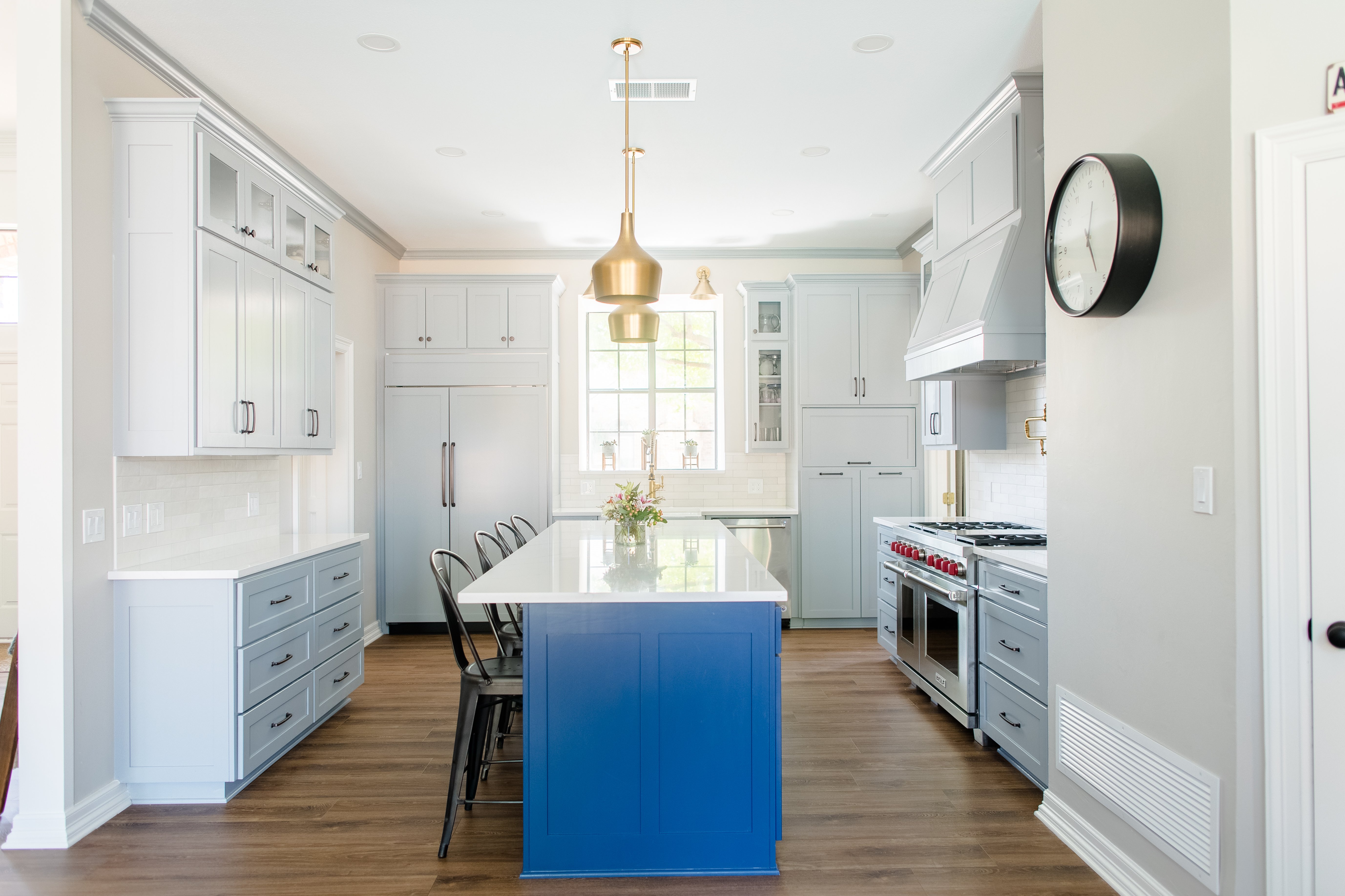 Wichita Falls Blue Kitchen with Gold Pendant Lights