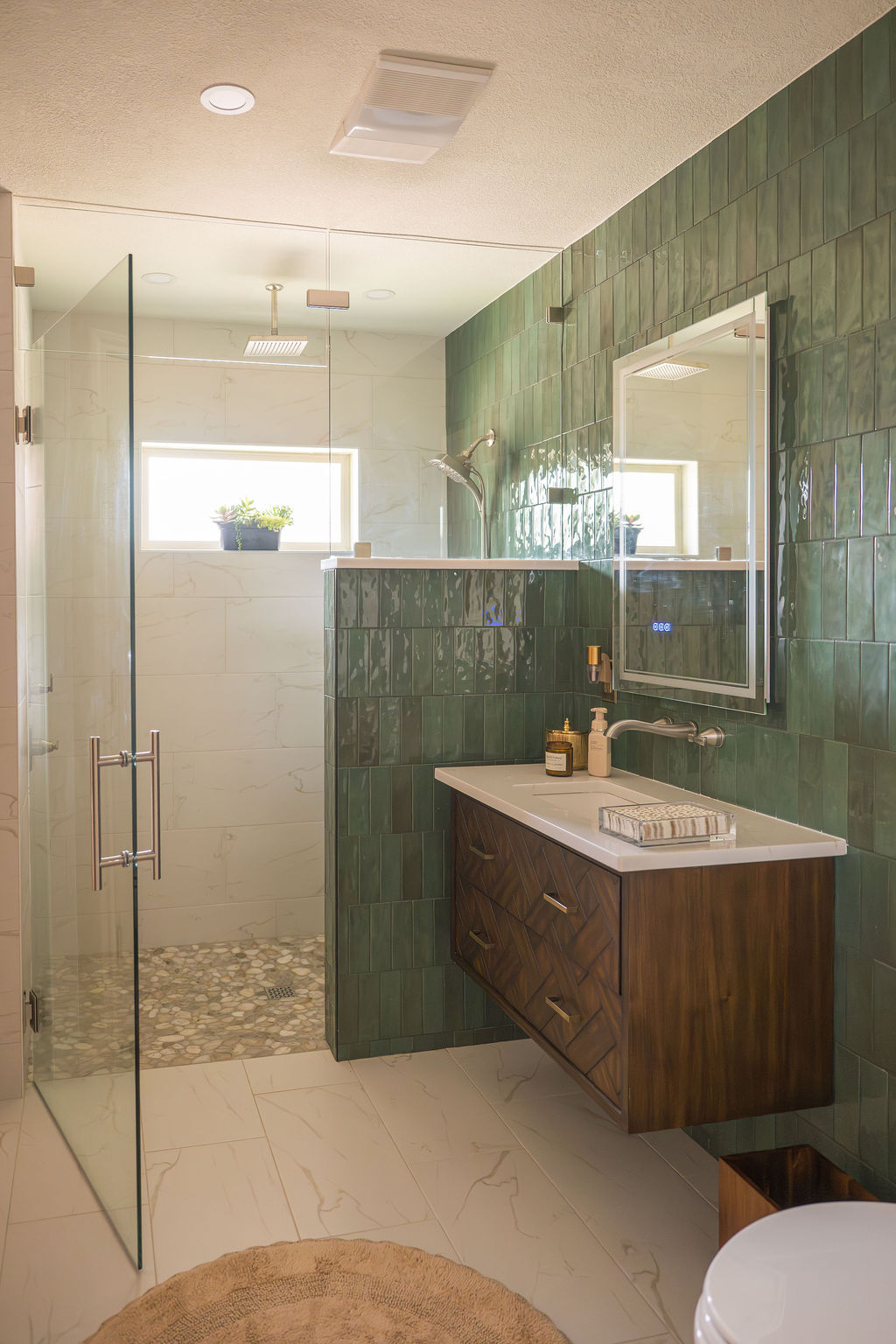 Bathroom with Vertical Green Tile