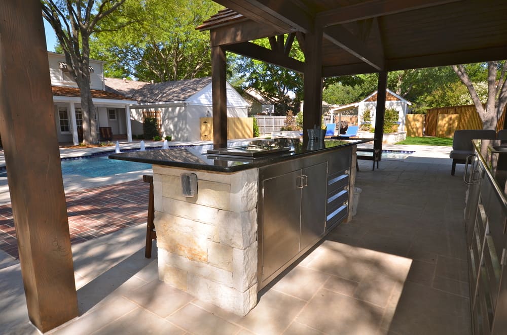 Outdoor Food Prep Station Next to Pool with Marble Countertop