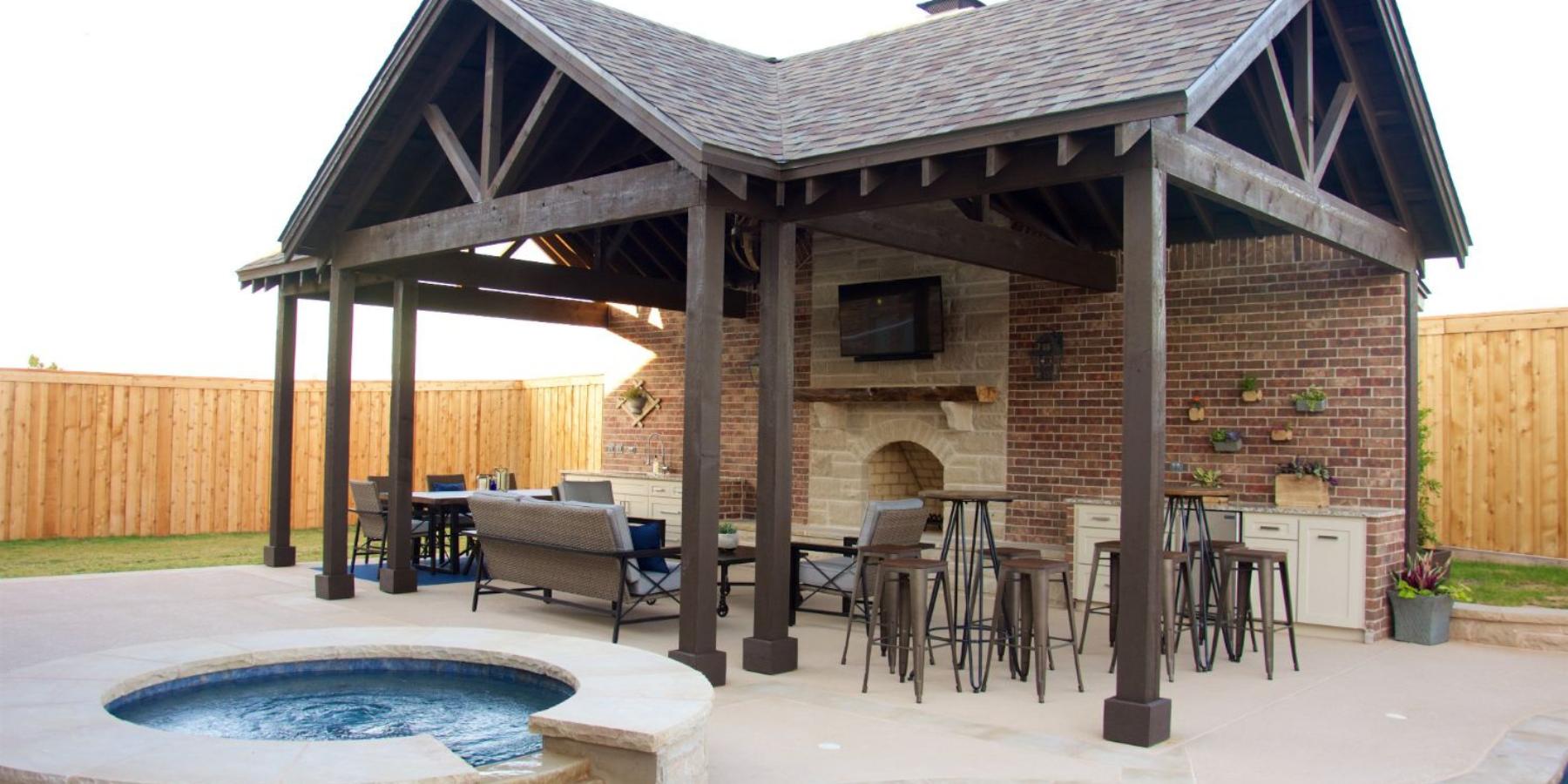 Outdoor Space with Pool and Fireplace with Television Mounted